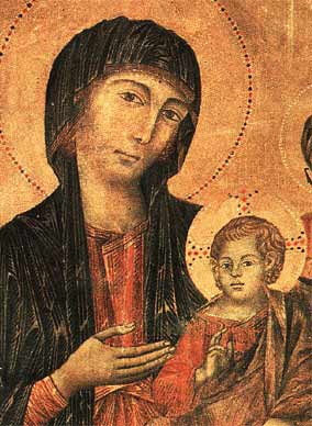 the Madonna, slightly smiling, presents her Child