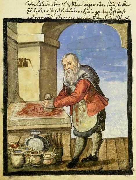 medieval apprentice grinds pigments